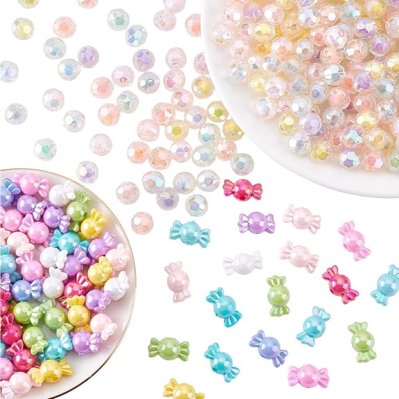 390pcs Acrylic Beads AB Color Beads 9.5mm Faceted Beads Round Loose Beads 17x9mm Candy Shape Acrylic Beads Beads for Beadable Pens Jewelry Bracelet Beading Hairband Crafting