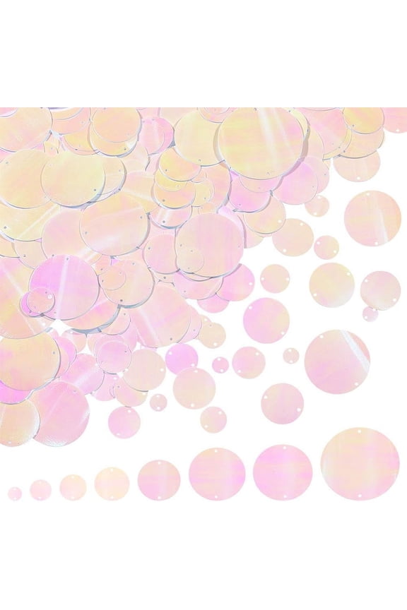 390pcs Loose Sequins Flat Round Sequin 8 Sizes Iridescent Spangles White PVC Paillettes Rainbow Bulk Sequins with Double Holes 0.39~2 Inch DIY