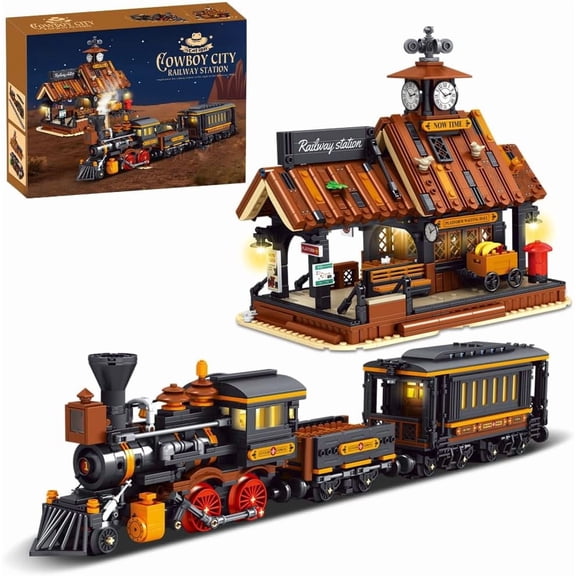 39117 Cowboy City Train Station Building Blocks with LED Lights, 2640 PCS Western Railway Station & Steam Train Model Kit for Adults, Wild West Architecture