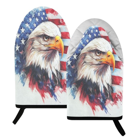 392F Heat Resistant Oven Mitts 2 Pack American Eagle Art Pattern Fish Mouth Cotton Oven Gloves with Silver Lining, Kitchen Cooking Mitts for Baking BBQ Grilling Microwave