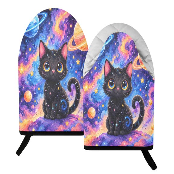 392F Heat Resistant Oven Mitts 2 Pack Black Cat in Cosmic Nebula Fish Mouth Cotton Oven Gloves with Silver Lining, Kitchen Cooking Mitts for Baking BBQ Grilling Microwave