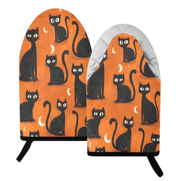 392F Heat Resistant Oven Mitts 2 Pack Black Cat with Moon Design Fish Mouth Cotton Oven Gloves with Silver Lining, Kitchen Cooking Mitts for Baking BBQ Grilling Microwave