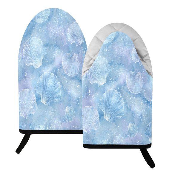 392F Heat Resistant Oven Mitts 2 Pack Blue Sea Shell Pattern Fish Mouth Cotton Oven Gloves with Silver Lining, Kitchen Cooking Mitts for Baking BBQ Grilling Microwave