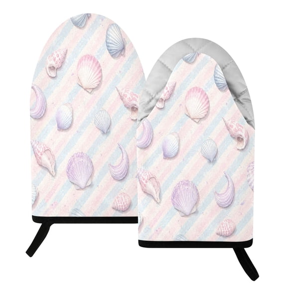 392F Heat Resistant Oven Mitts 2 Pack Candy Stripe Beach Shells Fish Mouth Cotton Oven Gloves with Silver Lining, Kitchen Cooking Mitts for Baking BBQ Grilling Microwave
