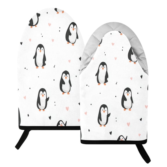 392F Heat Resistant Oven Mitts 2 Pack Charming Penguin Doodle Pattern Fish Mouth Cotton Oven Gloves with Silver Lining, Kitchen Cooking Mitts for Baking BBQ Grilling Microwave
