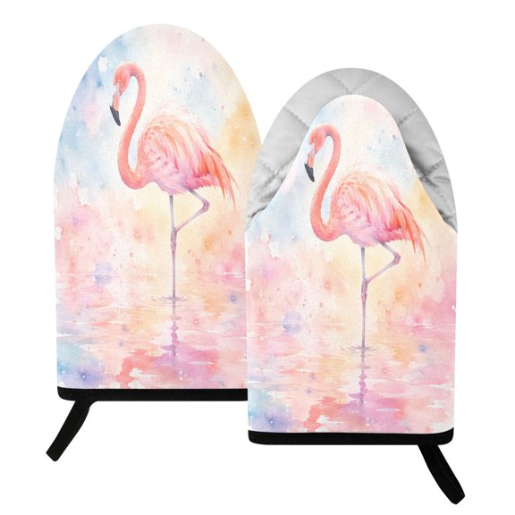 392F Heat Resistant Oven Mitts 2 Pack Cute Pink Flamingo Wall Art Fish Mouth Cotton Oven Gloves with Silver Lining, Kitchen Cooking Mitts for Baking BBQ Grilling Microwave