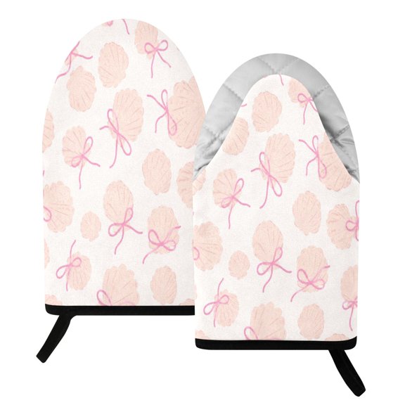 392F Heat Resistant Oven Mitts 2 Pack Delicate Seashell Bow Pattern Fish Mouth Cotton Oven Gloves with Silver Lining, Kitchen Cooking Mitts for Baking BBQ Grilling Microwave