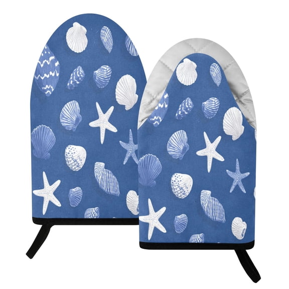 392F Heat Resistant Oven Mitts 2 Pack Fresh Coastal Seashell Pattern Fish Mouth Cotton Oven Gloves with Silver Lining, Kitchen Cooking Mitts for Baking BBQ Grilling Microwave