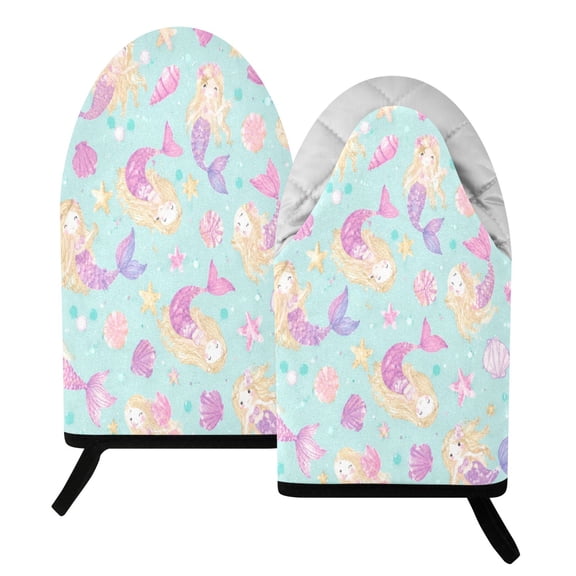 392F Heat Resistant Oven Mitts 2 Pack Mermaid Sea Shell Pattern Fish Mouth Cotton Oven Gloves with Silver Lining, Kitchen Cooking Mitts for Baking BBQ Grilling Microwave
