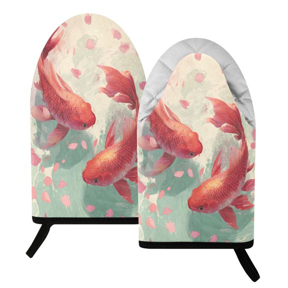 392F Heat Resistant Oven Mitts 2 Pack Red Koi Harmony Fish Mouth Cotton Oven Gloves with Silver Lining, Kitchen Cooking Mitts for Baking BBQ Grilling Microwave