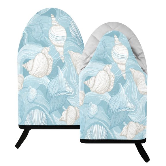 392F Heat Resistant Oven Mitts 2 Pack Seashells and Sea Waves Pattern Fish Mouth Cotton Oven Gloves with Silver Lining, Kitchen Cooking Mitts for Baking BBQ Grilling Microwave