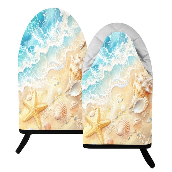 392F Heat Resistant Oven Mitts 2 Pack Seaside Coastal Shells Fish Mouth Cotton Oven Gloves with Silver Lining, Kitchen Cooking Mitts for Baking BBQ Grilling Microwave