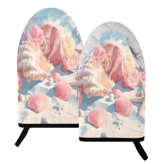 392F Heat Resistant Oven Mitts 2 Pack Shell and Conch Pattern Fish Mouth Cotton Oven Gloves with Silver Lining, Kitchen Cooking Mitts for Baking BBQ Grilling Microwave