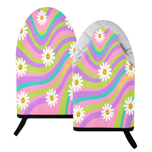 392F Heat Resistant Oven Mitts 2 Pack Smiling Daisy on Multicolor Background Fish Mouth Cotton Oven Gloves with Silver Lining, Kitchen Cooking Mitts for Baking BBQ Grilling Microwave