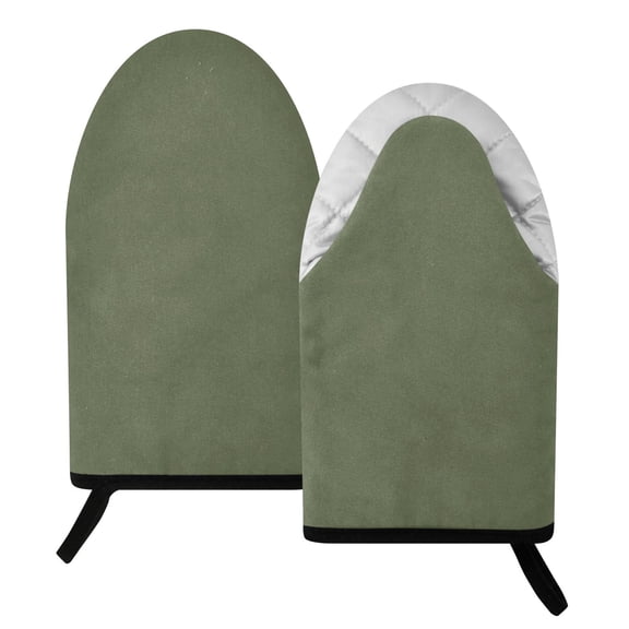 392F Heat Resistant Oven Mitts 2 Pack Solid Olive Green Color Tone Fish Mouth Cotton Oven Gloves with Silver Lining, Kitchen Cooking Mitts for Baking BBQ Grilling Microwave