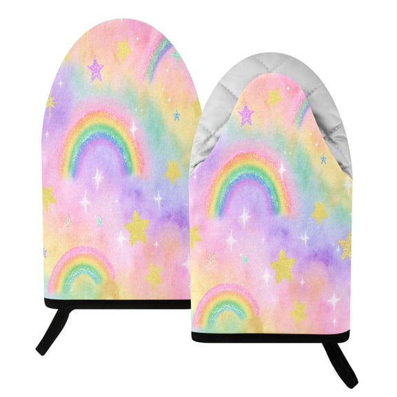 392F Heat Resistant Oven Mitts 2 Pack Sparkle Rainbow Design Fish Mouth Cotton Oven Gloves with Silver Lining, Kitchen Cooking Mitts for Baking BBQ Grilling Microwave