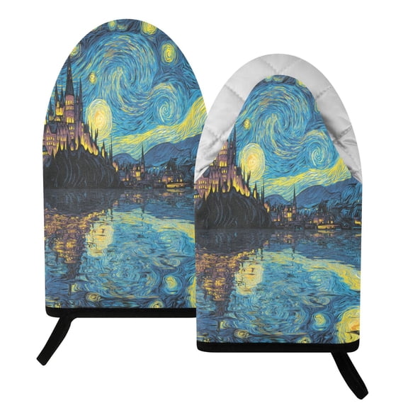 392F Heat Resistant Oven Mitts 2 Pack Starry Night Style Castle Lake Fish Mouth Cotton Oven Gloves with Silver Lining, Kitchen Cooking Mitts for Baking BBQ Grilling Microwave