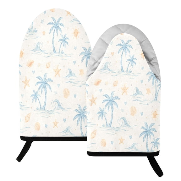 392F Heat Resistant Oven Mitts 2 Pack Summer Coastal Palm Shell Pattern Fish Mouth Cotton Oven Gloves with Silver Lining, Kitchen Cooking Mitts for Baking BBQ Grilling Microwave