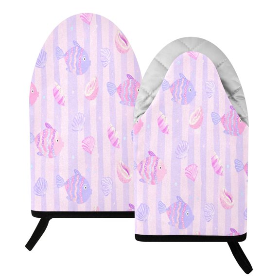 392F Heat Resistant Oven Mitts 2 Pack Underwater Fish Shell Pattern Fish Mouth Cotton Oven Gloves with Silver Lining, Kitchen Cooking Mitts for Baking BBQ Grilling Microwave