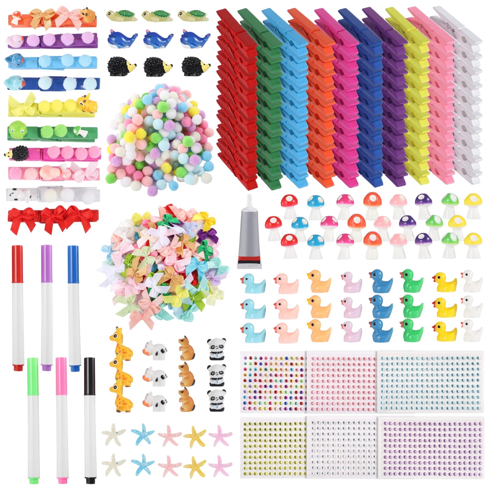 392 PCS Cheer Pins Spirit Clips Set, DIY Cheer Clips for Backpack, Includes 100 Colorful Wooden Clips, Fluffy Balls, Fabric Bows, Resin Animal Figurines for Craft Projects