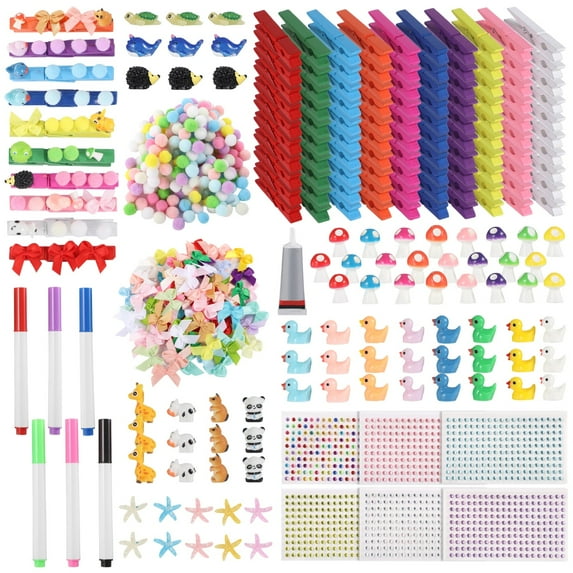 392 PCS Cheer Pins Spirit Clips Set, DIY Cheer Clips for Backpack, Includes 100 Colorful Wooden Clips, Fluffy Balls, Fabric Bows, Resin Animal Figurines for Craft Projects