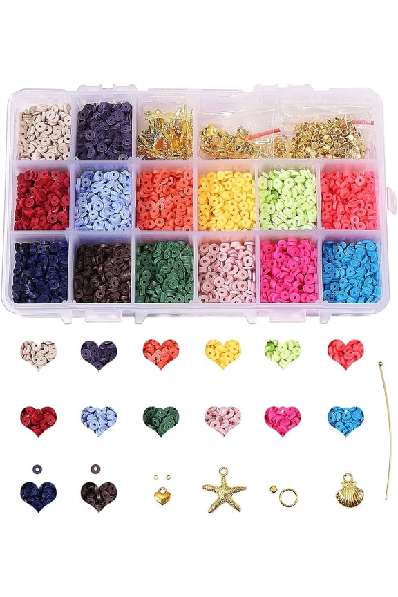 3920Pcs 14 Colors Heishi Polymer Clay Beads Flat Round Spacer Beads Kit with Shell Pendants Elastic String Container Box Jump Ring for DIY Bracelets Necklace Jewelry Making (4mm)