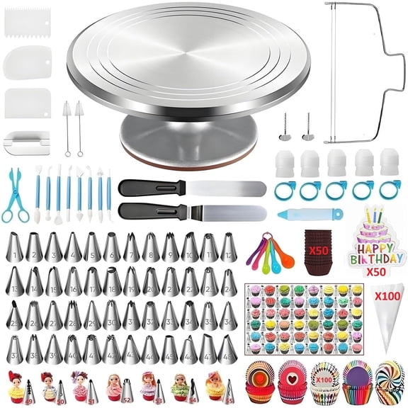 393 Pcs Cake Decorating Kit with Aluminium Alloy Cake Turntable 48 Numbered Icing Tips 7 Numbered Korean Skirt Piping Tips 2 Spatulas 3 Comb Scrapers 100 Pastry Bags 150 Paper Cupcake Liners