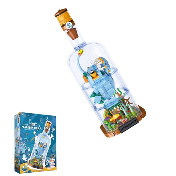 393PCS Lantern Fish Building Set, Ocean Animal Model in Bottle with LED Light, Creative Puzzle Toy, Birthday Ideal Gift