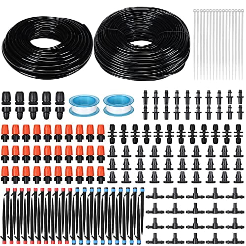 394 ft Drip Irrigation System Kit, 1/2 Inch Hose 1/4 Inch Distribution Tubing Drip Emitters Adjustable Misting Nozzle Barbed Fittings Patio Misting Plant Watering System for Garden Yard Lawn