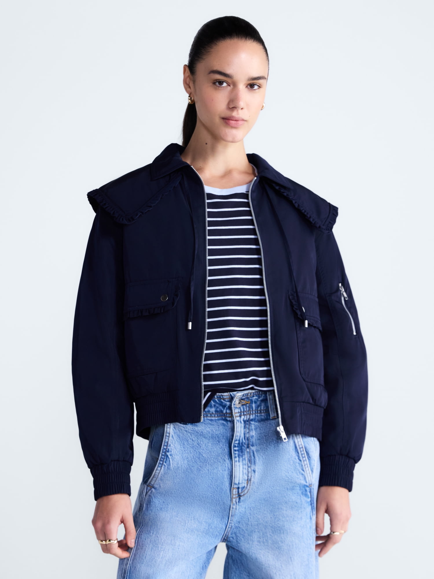 Free Assembly Women's and Women's Plus Ruffle Collar Bomber Jacket, Sizes XS-4X