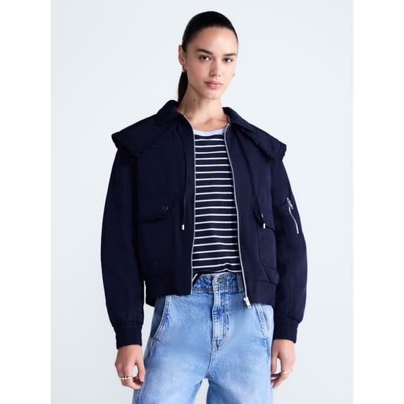 Free Assembly Women's and Women's Plus Ruffle Collar Bomber Jacket, Sizes XS-4X