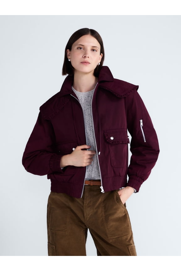 Women's and Women's Plus Ruffle Collar Bomber Jacket, Sizes XS-4X