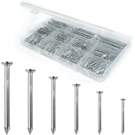 395 count Concrete Nails and Masonry Nails , 6 Sizes, Up to 2.36 in | Galvanized steel nails for brick, , repairs and fixture installation, packed in a divided case for size selection.