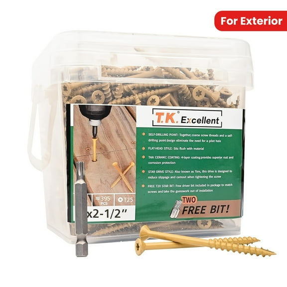 395pcs 2-1/2 Inch Deck Wood Screws - 5 LB Box Tan Epoxy Coated, Rust Resistant Exterior Construction Screws for Outdoor Wood Fastening