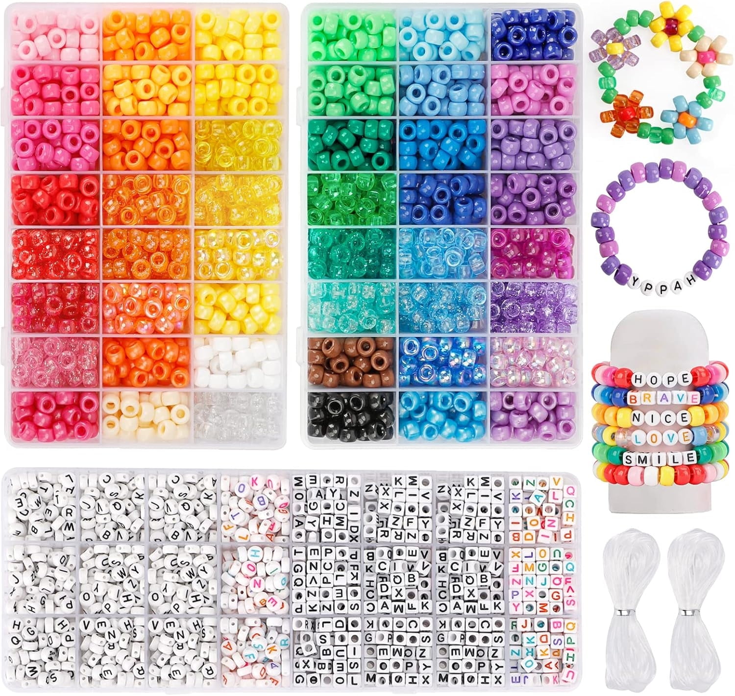 3960pcs Pony Beads for Friendship Bracelet Making Kit 48 Colors Beads Set, 2400pcs Plastic Rainbow Bulk and 1560pcs Letter Beads with 20 Meter Elastic Threads for Craft Jewelry Necklace