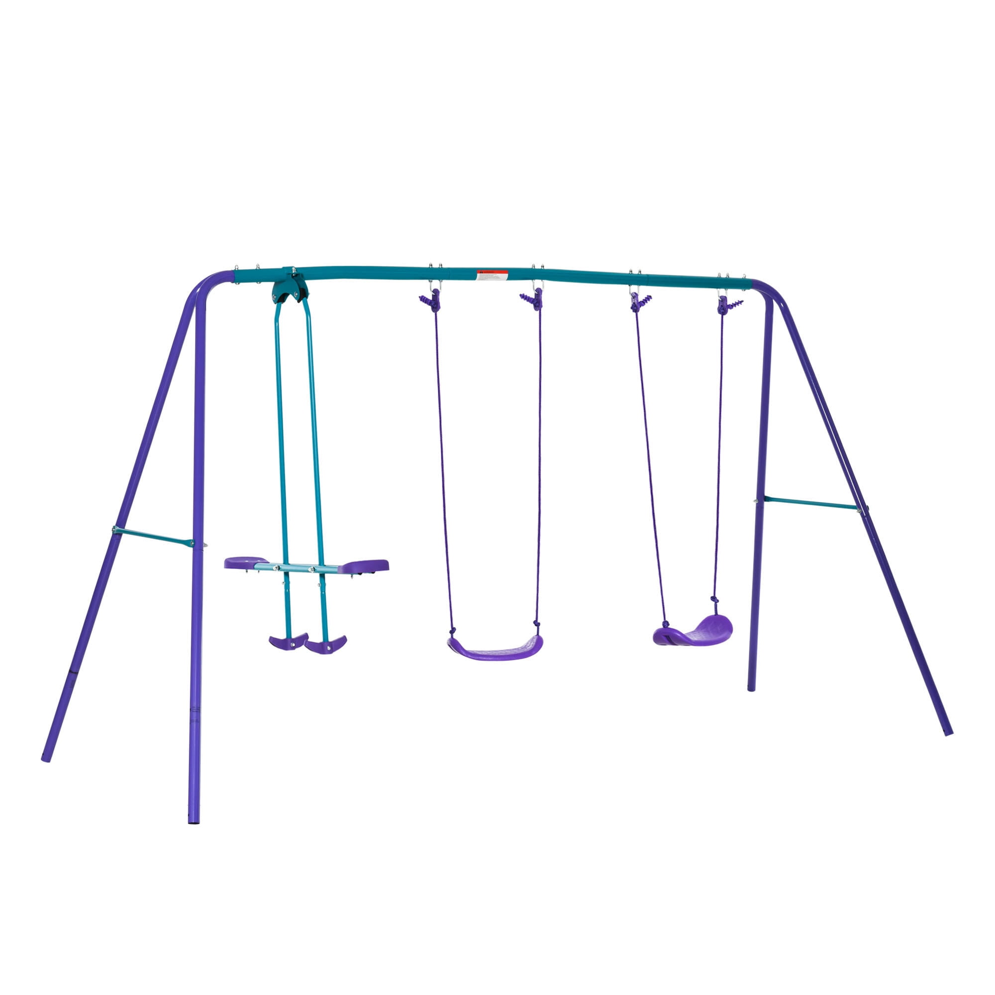 396lb Capacity Purple Metal Swing Set - Outdoor A-Frame Playset with Glider & 2 Adjustable Swings (110.3"L x 55"W x 70"H)