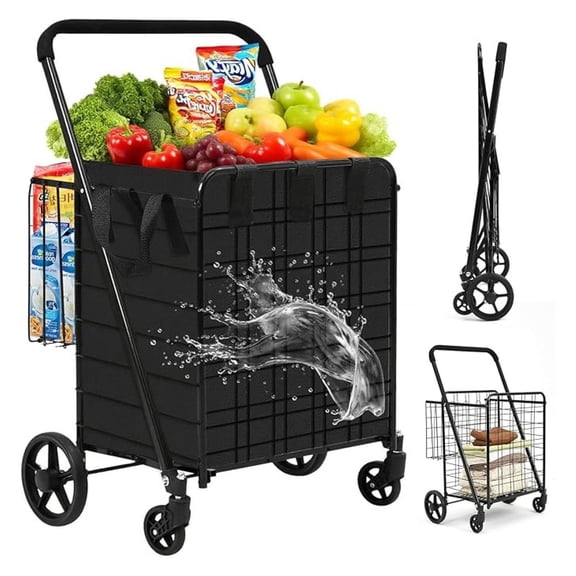 396lbs Capacity Shopping Cart,Upgrade Huge Grocery Cart on Wheels,Heavy Duty Foldable Utility Shopping Carts with Double Basket and 360 Rolling Swivel Wheels for Groceries Laundry Transport