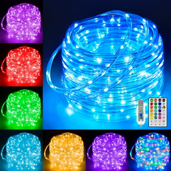 39FT 100 LEDs Rope Lights, 16 Colors Changing Lights with Remote, USB Powered Clear Tube Fairy Light Waterproof for Wedding Christmas Party Indoor Outdoor Decorations