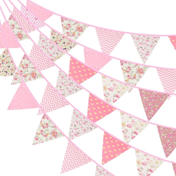 39Ft Triangle Bunting Banner, 42Pcs Pink Floral Garland Pennant Banner, Reusable Cotton Triangle Flags Party Decoration for Birthday, Wedding, Garden Tea Party, Baby Shower, Room Decor