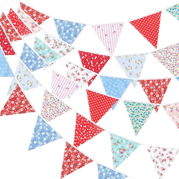 39Ft Triangle Bunting Banner, 42Pcs Tea Floral Party Bunting Cotton Fabric Flags Pennant Garlands for Birthday Party, Wedding, Baby Shower, Outdoor and Home Decoration(Red Blue and White)