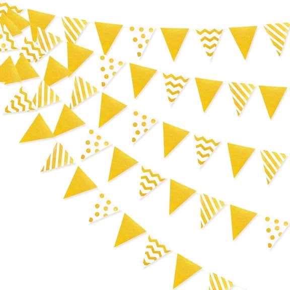 39Ft White Gold Polka Dot Stripe Pennant Banner, Triangle Flag Bunting for Wedding, Birthday and Baby Shower