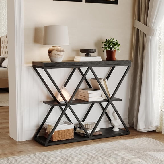 39In Narrow Console Sofa Table with 3-Tier Storage X-Shaped Metal Frame and Adjustable Feet Living Room Hallway Black