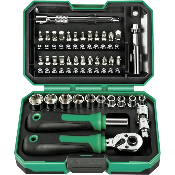 39PCS Ratcheting Wrench Set, Metric Shallow Mini Socket Set with Ratchet (4-13mm), 1/4 Mini Ratchet Screwdrivers Set Magnetic, Power Bits, Universal Joints, Spinner, Extensions, Storage Box