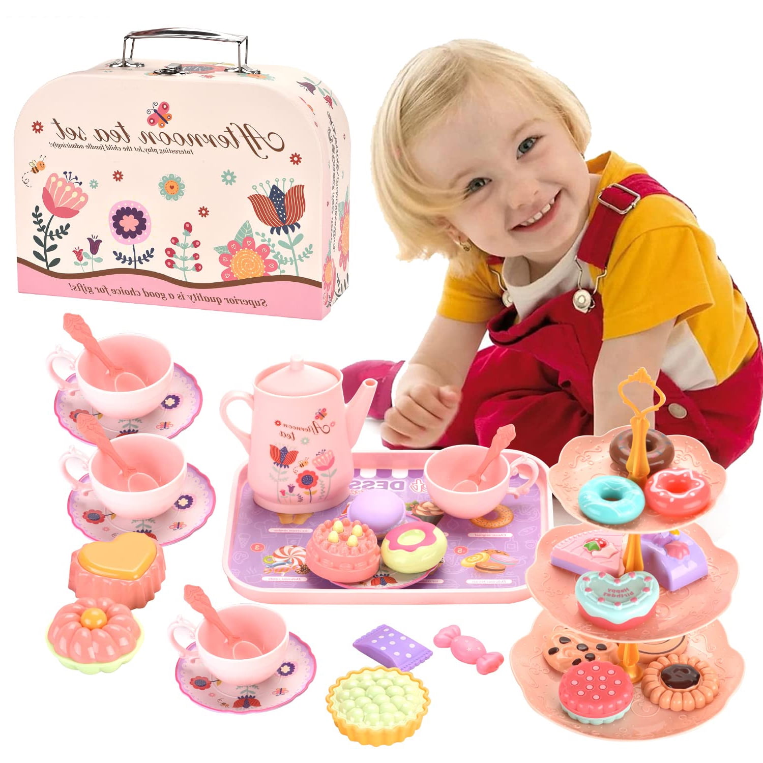 39PCS Tea Set for Little Girls, Princess Tea Time Toys Playset- Teapot Dishes Dessert \u0026 Carrying Case, Tea Party Set Gifts for Kids Toddlers Toy (Flower Desgin)
