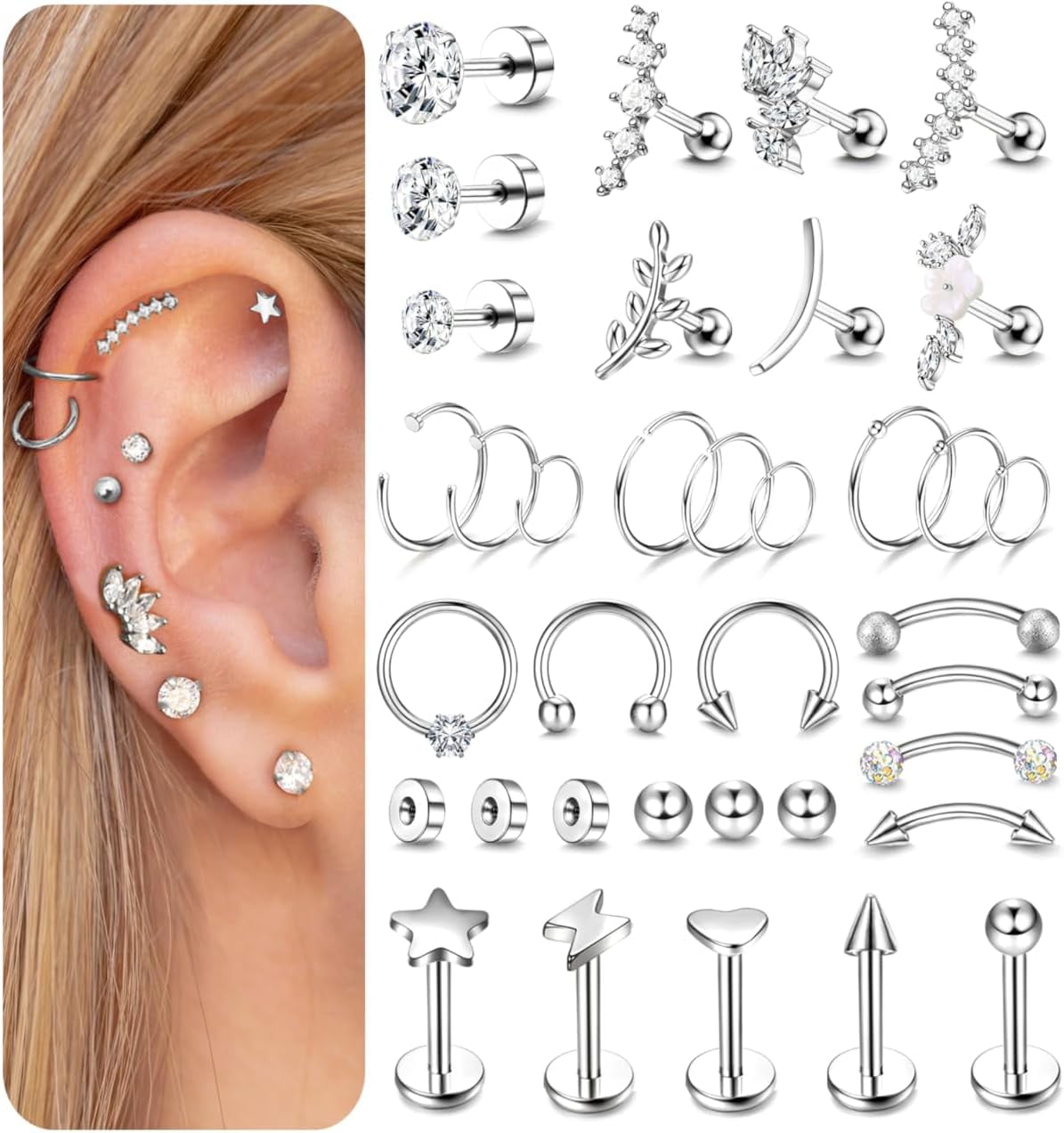 39Pcs Cartilage Earring Tragus Earring Cartilage Piercing Jewelry