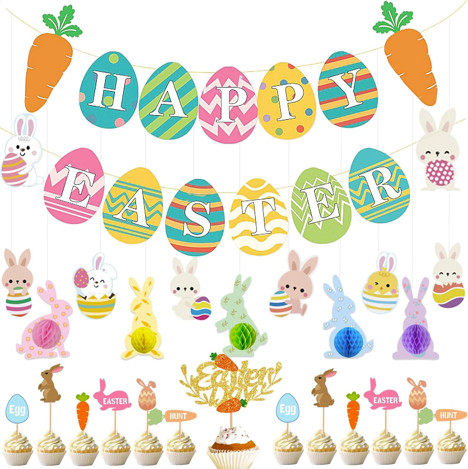 39Pcs Easter Bunny Eggs Hanging Party Decorations, Happy Easter Banner ...