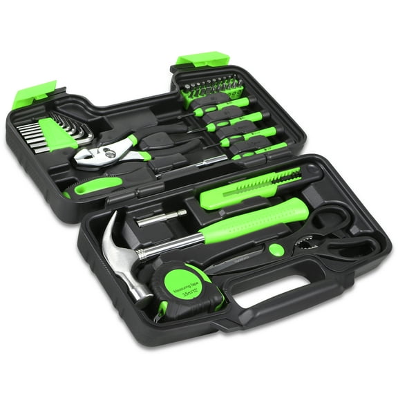 39Pcs Home Repair Hand Tool Set Toolbox Bit Drive Plier Hammer Scissor Hex Key Househeld Garage Garden Office DIY Green
