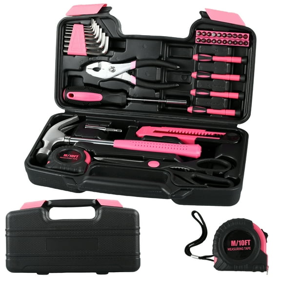 39Pcs Household Hand Tool Kit Multifunctional Home Repair Tool Set with Storage Case Durable Home Hardware Combination Tool Kit with Claw Hammer Scissors Bits for DIY Repair
