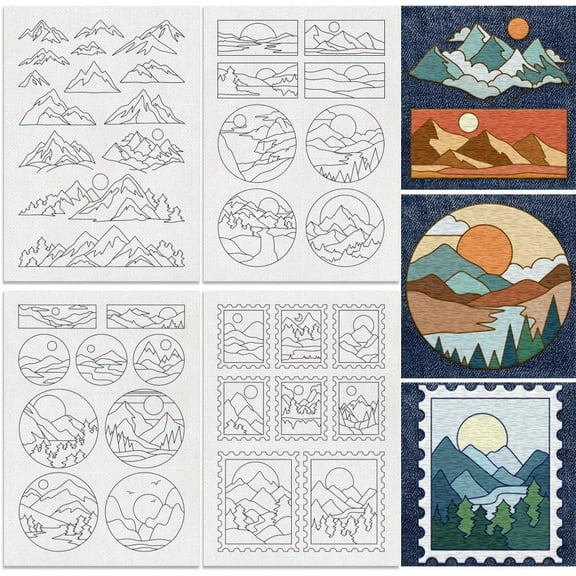 39Pcs Mountain Sun Water Soluble Hand Sewing Stabilizers 8.3"x11.7" Natural Scenery Embroidery Pattern Stabilizer 4 Sheets Round Stick and Stitch Embroidery Paper Sticker