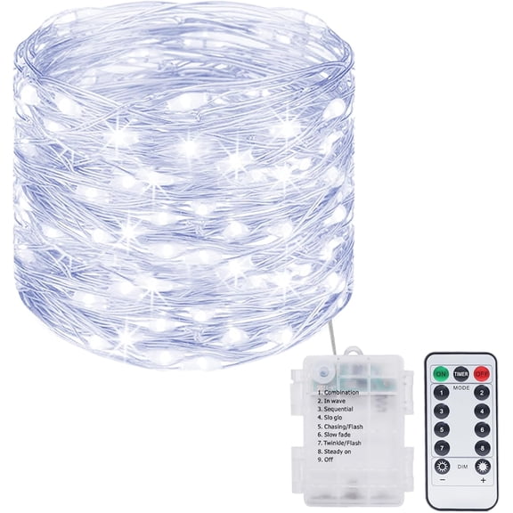 39ft Battery Operated Fairy Lights with Remote and Timer, 120LED 8 Modes Dimmable Waterproof Copper Wire String Lights for Bedroom Christmas Wedding Decor, White